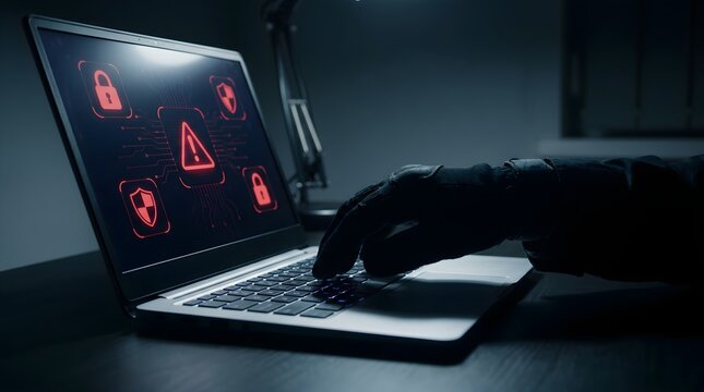 A gloved hand types on a laptop with warning symbols on the screen in a dark room with a lamp.