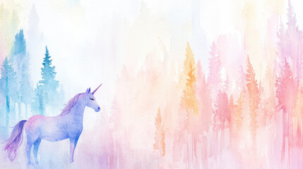 Obraz premium Whimsical watercolor illustration of unicorn standing in colorful forest landscape, evoking sense of magic and wonder