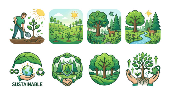 Set of ecological icons showing tree planting, reforestation and sustainability