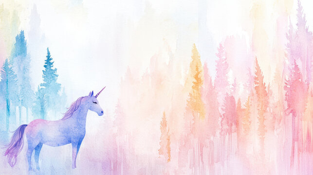 Whimsical watercolor illustration of unicorn standing in colorful forest landscape, evoking sense of magic and wonder