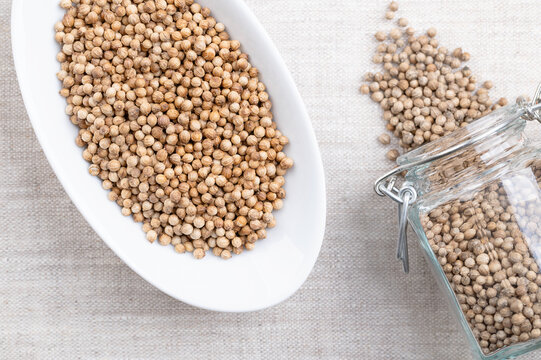 Whole, dried coriander seeds in a white bowl on linen. Fruits of Coriandrum sativum, used as spice, with lemony citrus flavor due to the terpenes linalool and pinene, that enhances when roasted. Photo