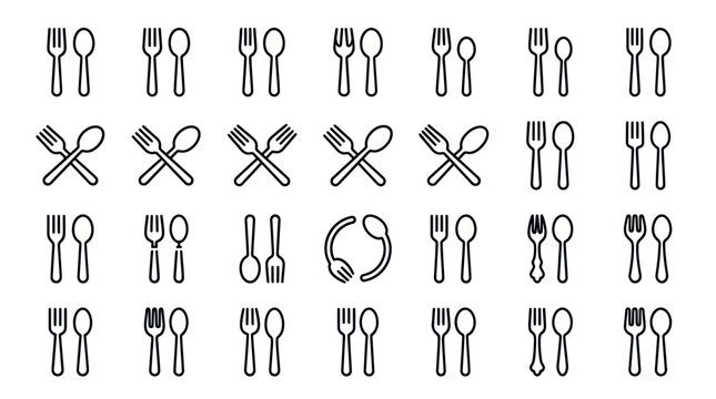 Set of fork and spoon icons in various layouts for food and dining designs