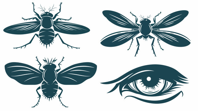 Dark teal silhouette of three flies and one human eye. Isolated on white background