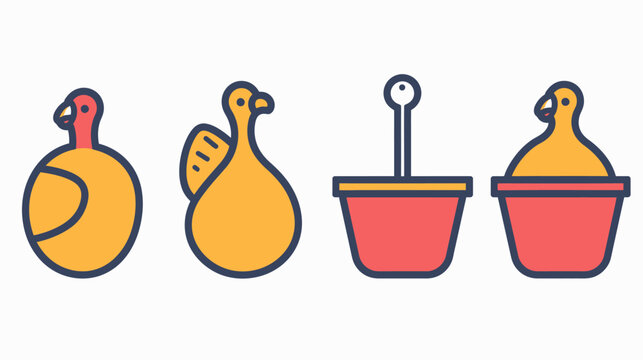 Four icons featuring two turkey birds and two objects in pink pots, simple style