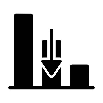 Minimalist black line icon of a descending bar graph with a downward arrow indicating negative growth. Business failure and economic decline concept