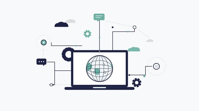 Stylized video illustrating a laptop displaying a globe with network lines and gears to represent digital connectivity global collaboration and online learning