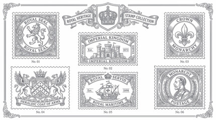 Vintage Royal Stamp Collection Illustration: Crowns, Castles, Ships, Coats of Arms © utin