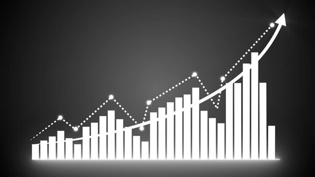 Business Growth Financial Analytics Bar Chart marketing sales profit increasing to future target with Rising Arrow Trend and Performance Monitoring on Dark Background 4K black background visuals