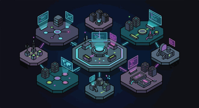Dark mode stylized 3D isometric vector illustration, futuristic tech and cyberpunk scene with clean floating geometric.eps