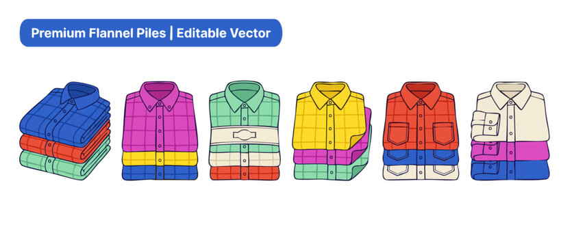 Folded flannel shirt vector stack of colorful checkered button up plaid shirts for autumn apparel retail store catalog collection layout isolated on white background with neat flat line art styles.