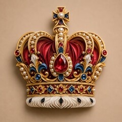 Fototapeta premium A royal crown brooch created from layered folded paper sheets forming jeweled ornamental contours and dimensional decorative symmetry with intricate detailing. With gold, ruby red, blue gradients