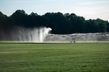 Irrigation system waters grass. Irrigation water sprays field. Irrigation droplets drift above grass. Irrigation equipment crosses meadow. © Svitlana