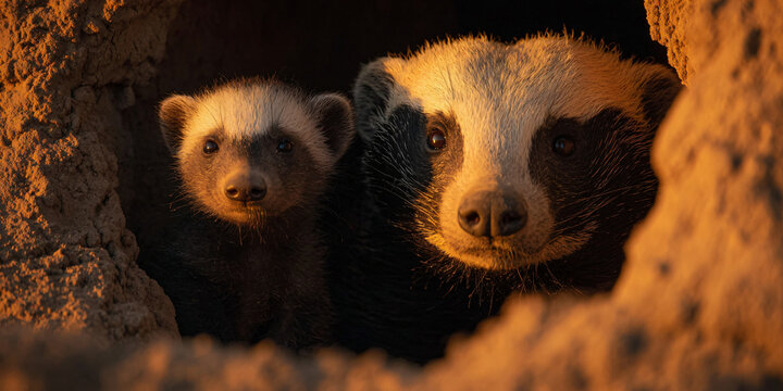 Three Honey Badgers in Den Looking at Camera