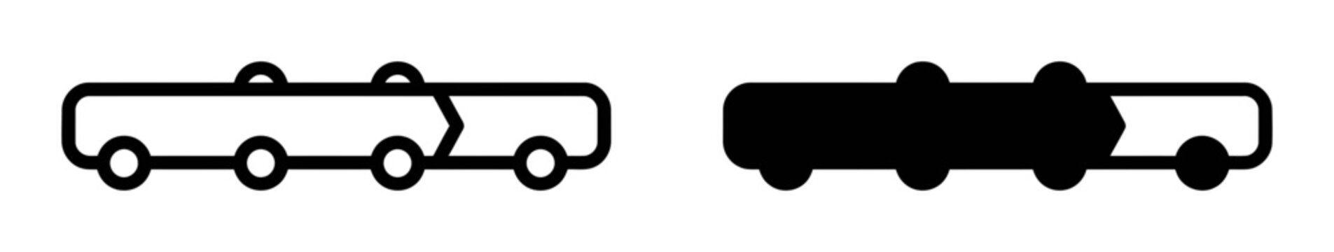 2 Transport silhouette icons, bus, train, solid black style, vehicle set