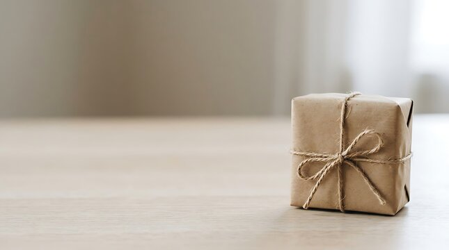 Minimalist gift box wrapped in brown paper with twine bow