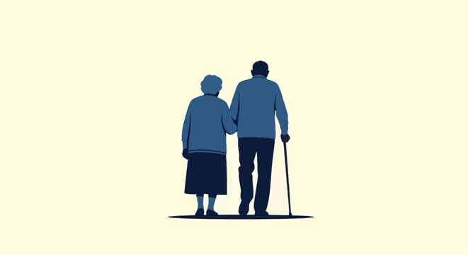 Minimalist vector illustration of an elderly senior couple walking away from the viewer, featuring a man with a walking cane and a woman in a skirt on a neutral plain background.