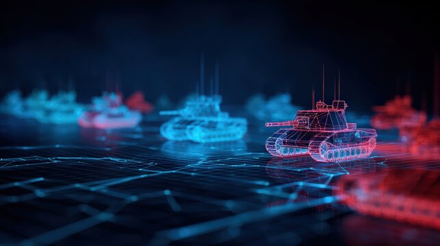 A futuristic battle simulation unfolds with glowing holographic tanks, representing opposing forces in a digital war game, set against a dark.Created with Generative AI, not depicting real subjects.