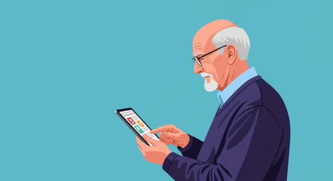 Vector illustration of a senior man with glasses and white goatee wearing a purple sweater while looking at and interacting with a digital tablet against a solid blue background.