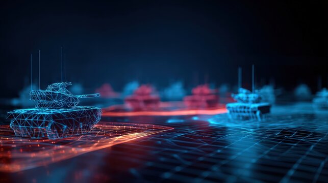 Futuristic digital battlefield with wireframe tanks in blue and red, representing a virtual war simulation or strategic combat. ..Created with Generative AI, not depicting real subjects.