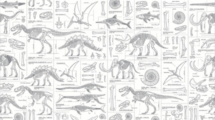 Dinosaur Skeletons and Prehistoric Animals Illustration Pattern - Vintage Style © utin