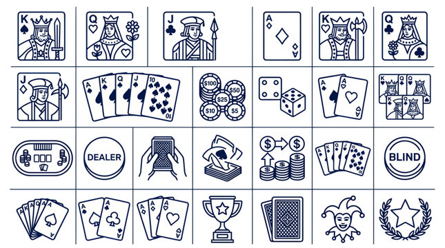 Poker Card Game Icons Set - Casino, Gambling, Playing Cards, Chips, Dice