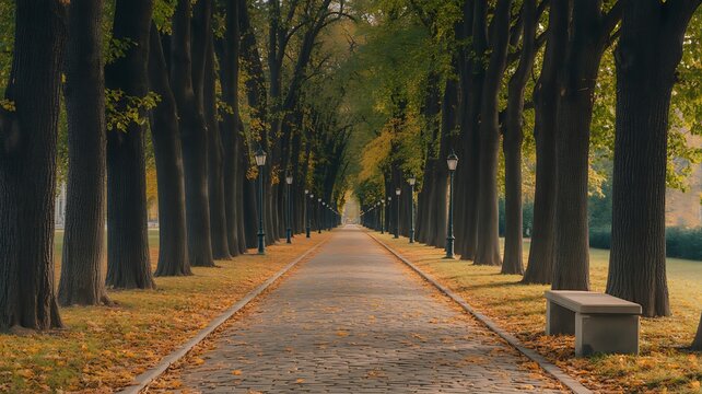 A serene autumn scene of a tree-lined pathway with a bench, surrounded by vibrant leaves and grass, under a canopy of changing foliage.