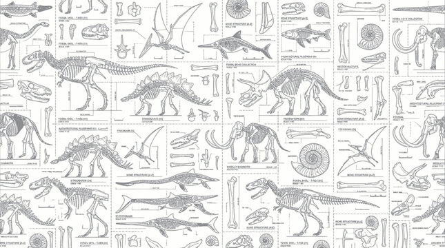 Dinosaur Skeletons and Prehistoric Animals Illustration Pattern - Vintage Style