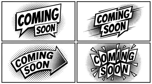 Four dynamic comic panels featuring bold &ldquo;COMING SOON&rdquo; text in varied explosion, cloud, and motion designs with halftone shading.