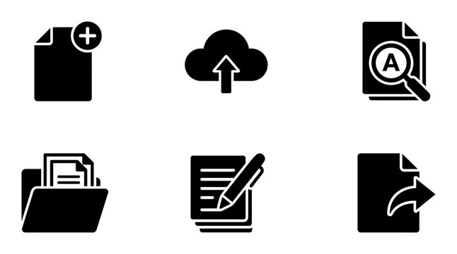 Black file management icons, cloud upload symbols, document editing graphics, 6 vector elements