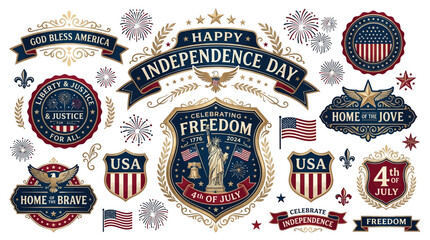 Collection of American Independence Day graphic elements including badges, banners, and fireworks for celebrations. © tr