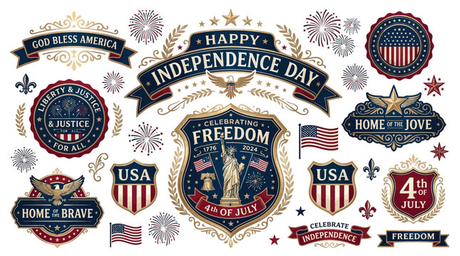 Collection of American Independence Day graphic elements including badges, banners, and fireworks for celebrations.