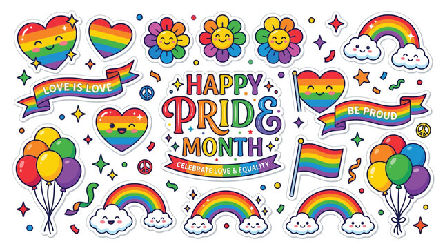 Happy Pride Month illustration with rainbow hearts, clouds, balloons, and flowers celebrating love and equality.