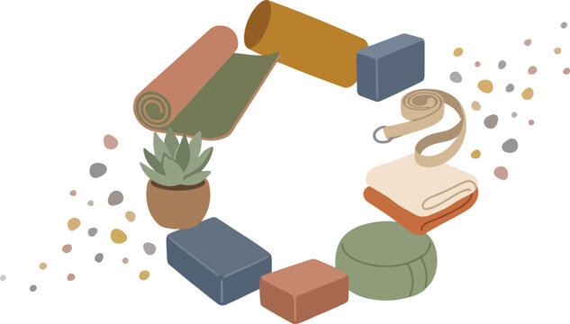 Yoga equipment including mats, blocks, and straps are organized in a circular pattern around a central copy space to promote fitness and wellness activities.