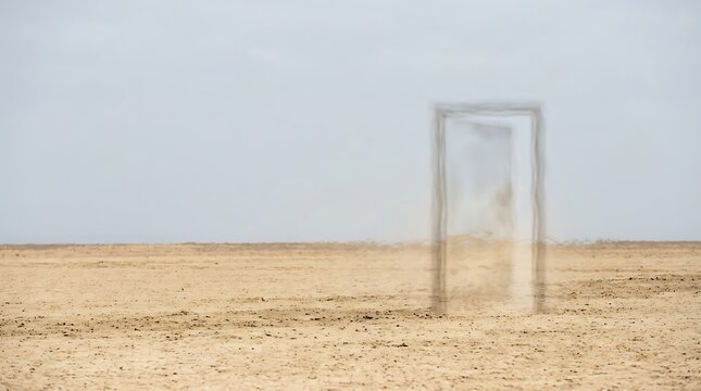 Ghostly door frame standing in a vast empty desert landscape