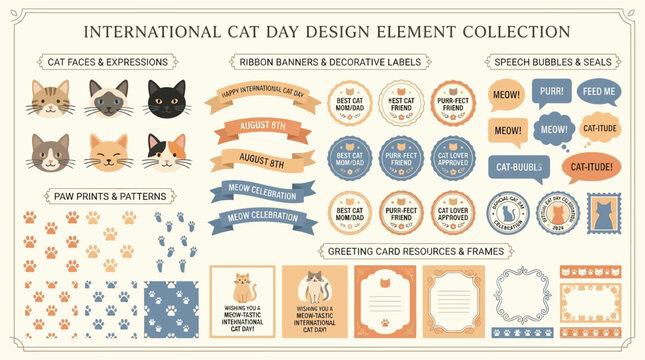 International Cat Day Design Element Collection Featuring Cute Cat Faces, Paw Prints, Ribbons, and Decorative Labels.