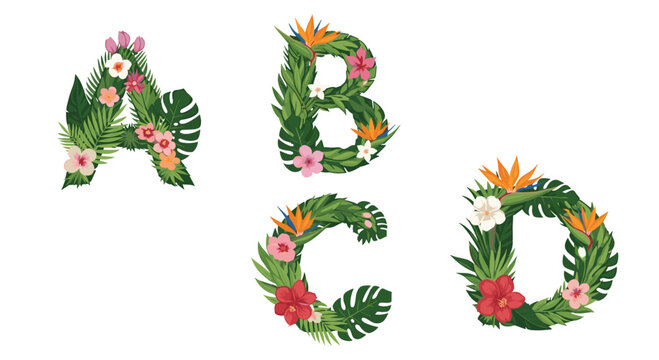 Tropical floral alphabet letters a b c and d designed with green exotic leaves and colorful jungle flowers for decor.