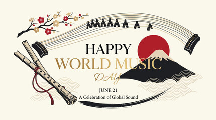 Happy World Music Day Celebration with Japanese Elements and Musical Instruments. © tr