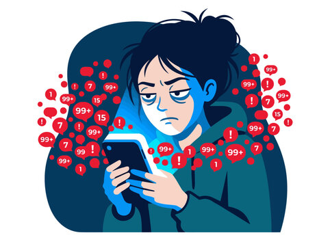 Tired person holding a smartphone with excessive social media notifications