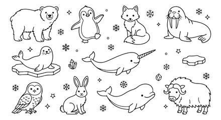 Arctic animals coloring page set, cute polar wildlife line art icons, 10 winter animal vector characters for kids education and creative activities © usman