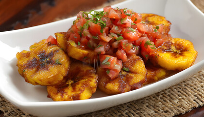 Fototapeta premium Colombian-Style Fried Plantains with Tomato-Onion Sauce