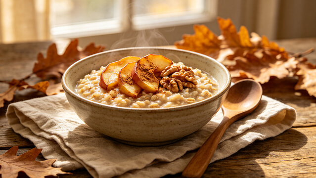 Warm Oatmeal Bowl with Baked Apple Slices Walnuts and Cinnamon on Rustic Napkin