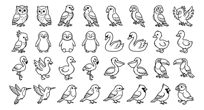Cute bird icons set, 32 cartoon bird line art illustrations, minimalist avian vector collection for coloring books and educational graphics