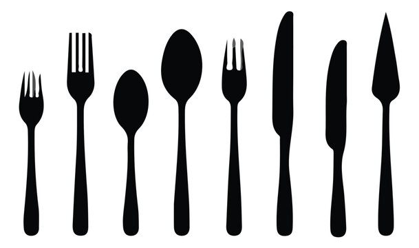Black cutlery silhouettes set, 8 flat vector icons of forks, spoons and knives, kitchen utensil collection for restaurant menu and dining design