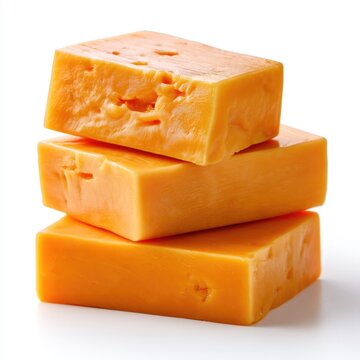 Three stacked blocks of orange cheese with a smooth texture and slight holes, displayed against a white background.