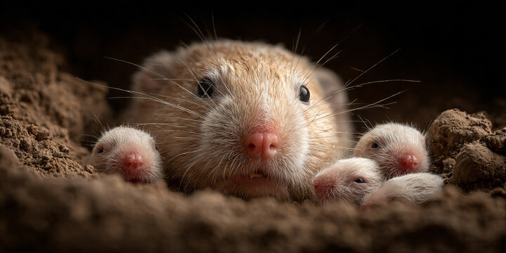 Naked Mole Rat Peeking Out of Underground Burrow