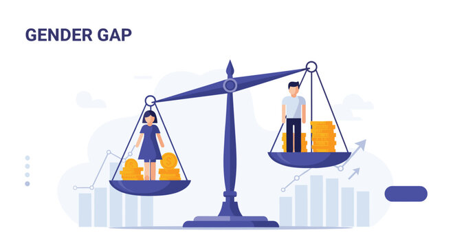 Conceptual illustration representing the gender pay gap with a man and a woman on balanced scales being tipped by unequal amounts of gold coins.