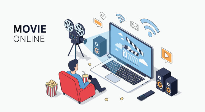Comfortable home cinema setup where a person enjoys an online movie experience on a laptop with surround sound speakers and a popcorn snack.