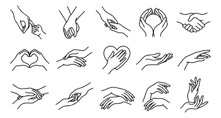 Obraz premium Minimalist hand gestures line art icons, set of 15 vector hand holding and touching symbols, elegant black outline hands for charity and care branding