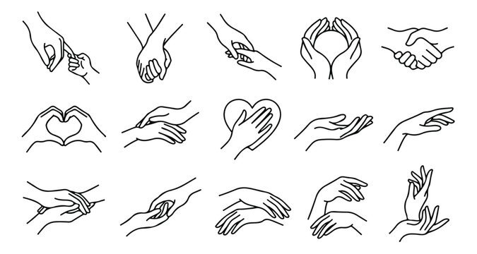 Minimalist hand gestures line art icons, set of 15 vector hand holding and touching symbols, elegant black outline hands for charity and care branding