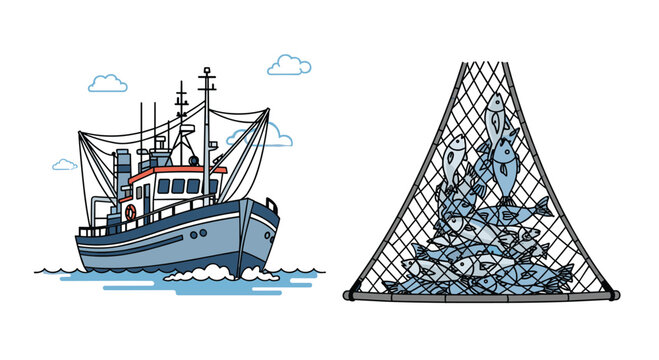 Commercial fishing industry scene featuring a large blue boat on the ocean next to a triangle shaped net overflowing with fresh caught silver fish.